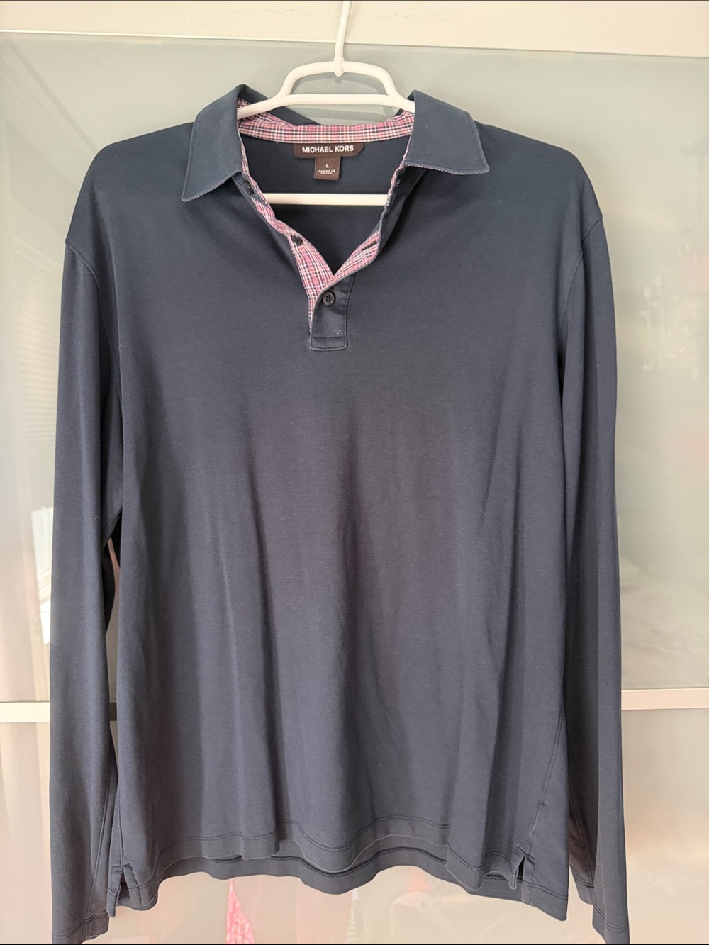Michael Kors Navy Long-Sleeve Polo with Pink-Check Trim